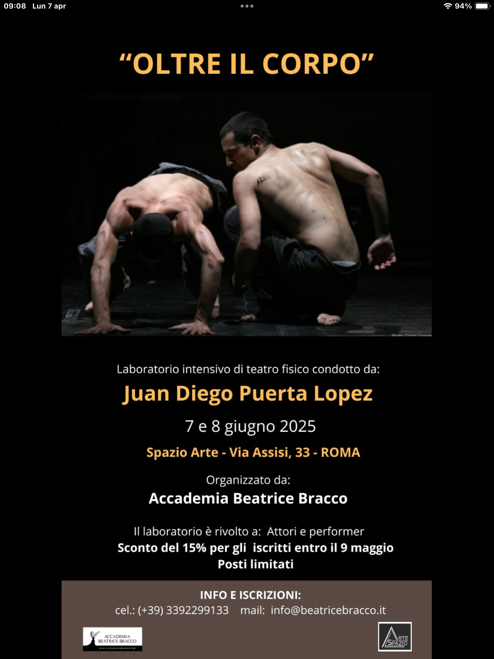 Laboratorio intensivo di Teatro Fisico condotto dal regista Juan Diego Puerta Lopez