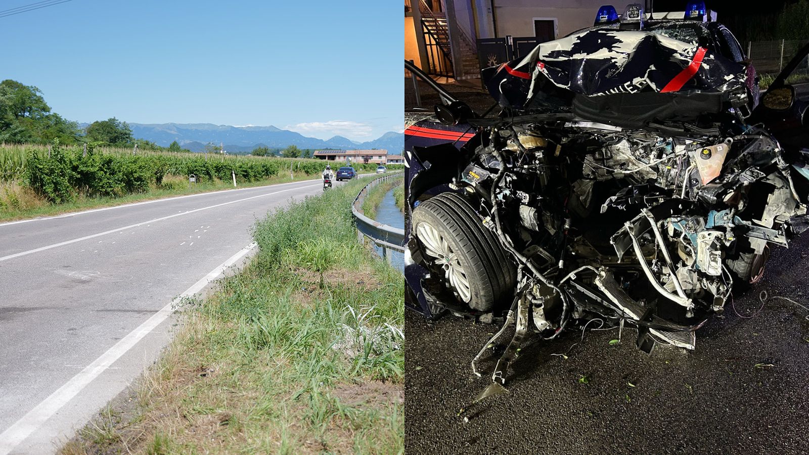Frontale con la Gazzella, il motore della Bmw vola nel fossato. Il carabiniere era privo di sensi