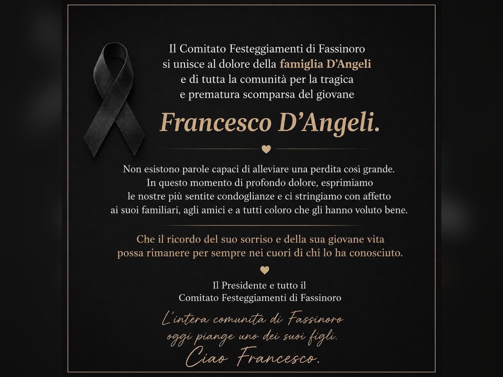 Addio a Francesco D’Angeli deceduto nel Velino: il cordoglio della comunità di Fassinoro